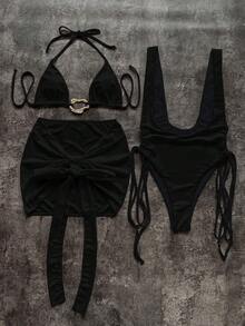 Women's Metal Decor Sexy Halter Tie Fashionable Bikini Top, Skirt And One-Piece Swimsuit Set - Black - View 2