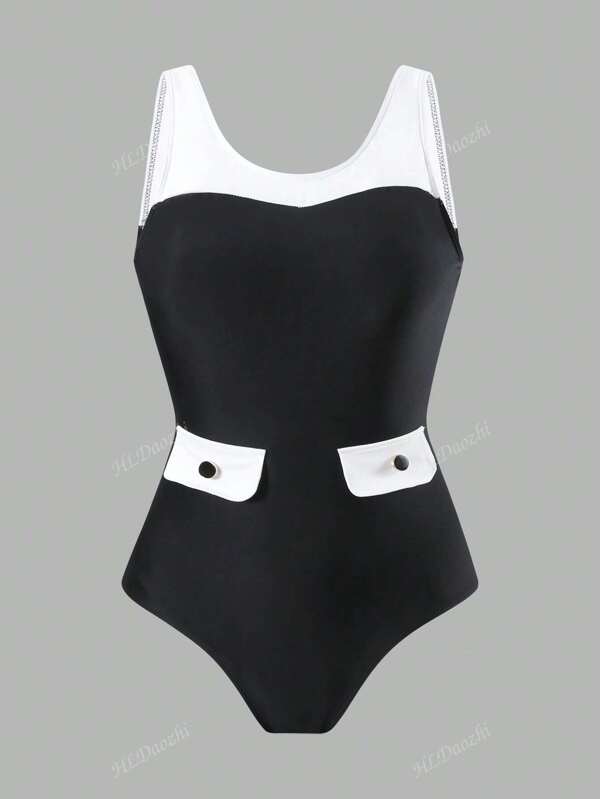 1pc Colorblock Solid Elegant Casual Cute Knit Fabric Fake Pocket Button Decor Women One-Piece Swimsuit, Backless Halter, Suitable For Beach Holiday Spring/Summer