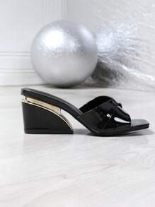 Summer Fashion Women's Square Toe Black Wedge Sandals, Unique Heel Design Elegant Yet Sexy, Slip-On Comfortable Shoes Suitable For Outfitting, Dates, Parties, Beaches