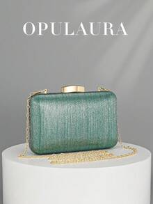 OpulAura 女士复古奢华手拿包，金属亮片设计，时尚派对包，优雅迷你盒形包，高端盒式小钱包，适合派对/婚礼/正式场合晚宴，配有链条 - 綠色 - 查看 1