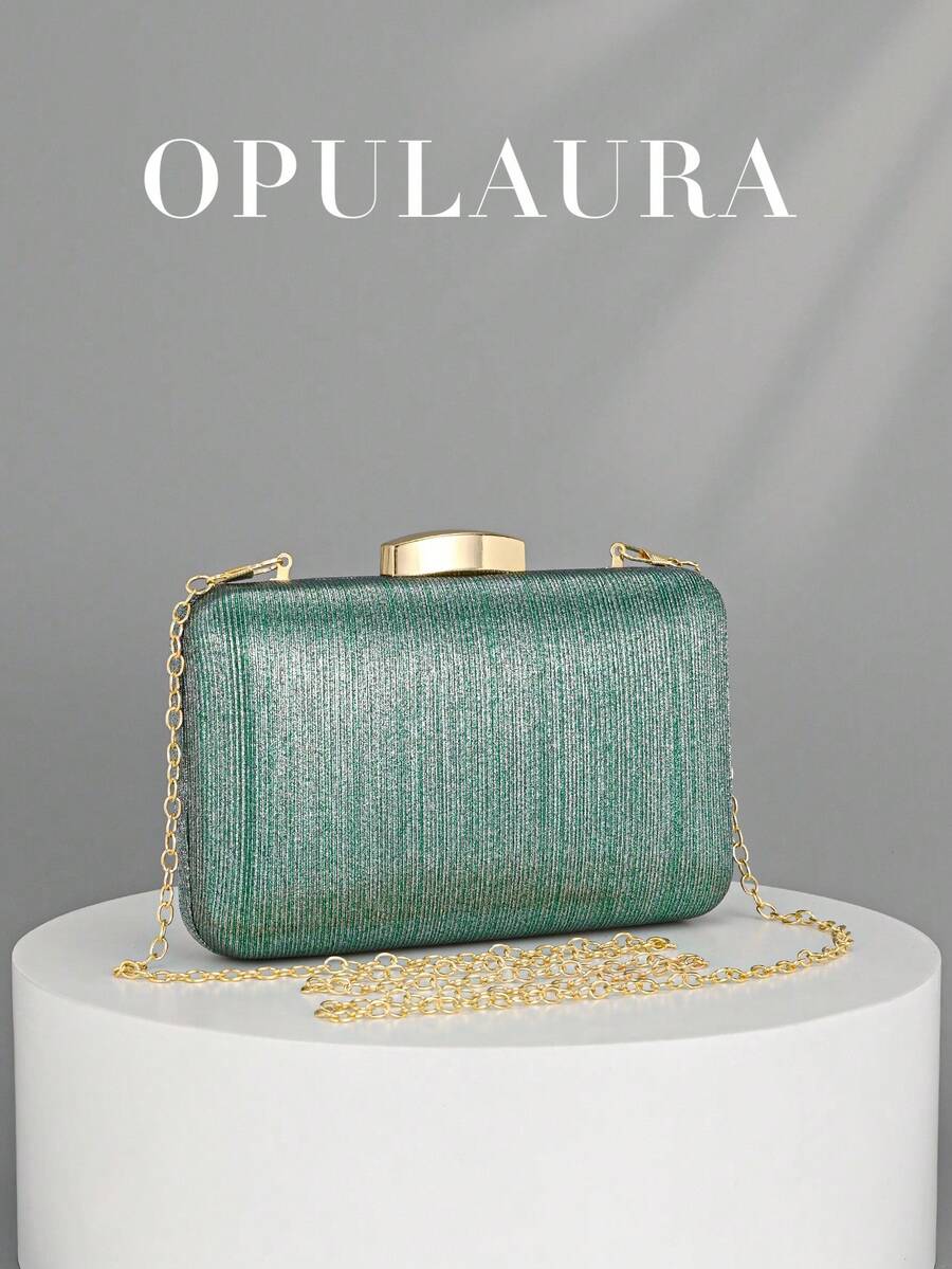OpulAura 女士复古奢华手拿包，金属亮片设计，时尚派对包，优雅迷你盒形包，高端盒式小钱包，适合派对/婚礼/正式场合晚宴，配有链条 - 綠色 - 查看 1
