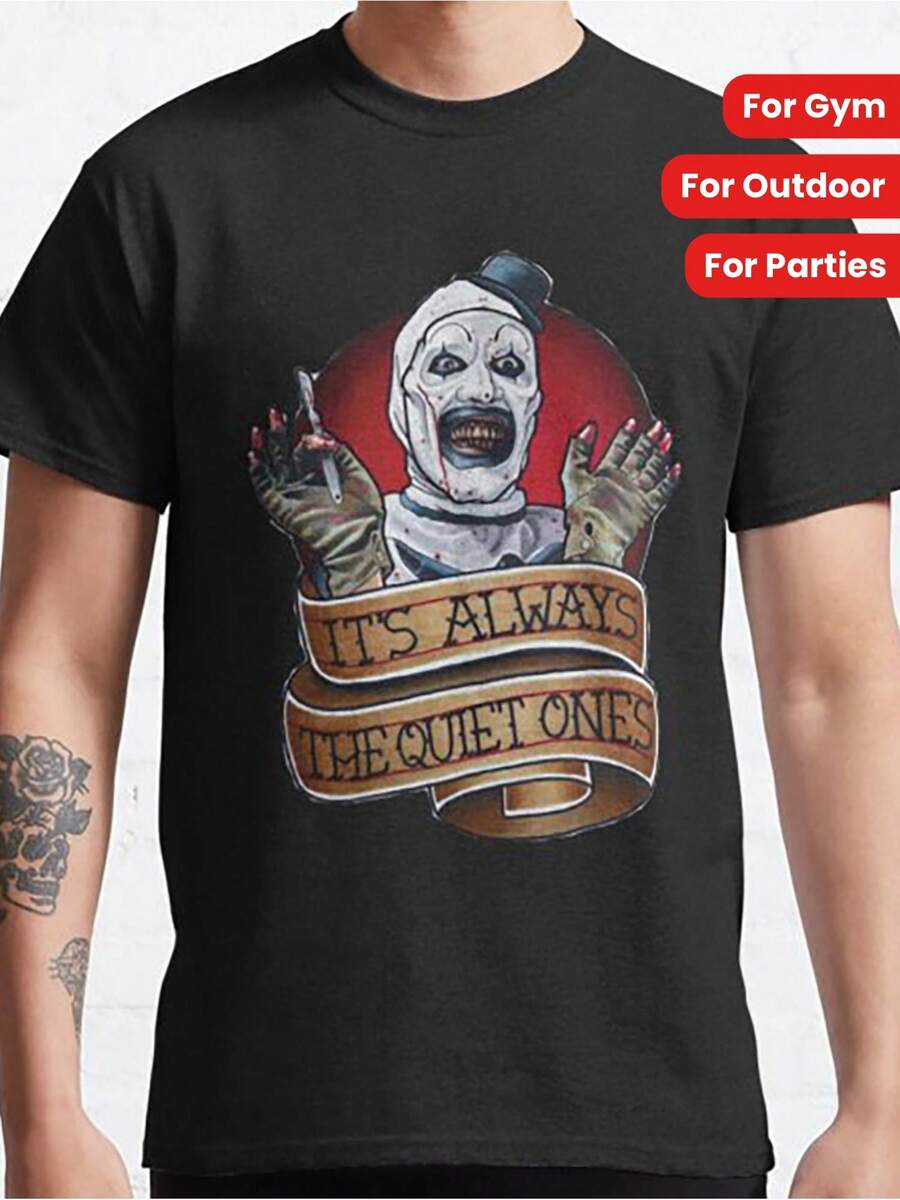 Men's Terrifier Horror Graphic T-Shirt - Black 100% Cotton Tee With "IT's ALWAYS THE QUIET ONES" Print, Short Sleeve Crew Neck, Machine Washable, All-Season Casual Wear For Gym, Outdoor & Parties - Perfect Horror Fan Gift - 黑色 - 查看 1