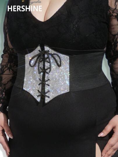 Hershine 1pc Plus Size Rhinestone-Decorated Waist Cincher, Luxury Elegant Sexy Solid Color, Suitable For All Seasons, Pair With Dresses, Skirts, Jeans