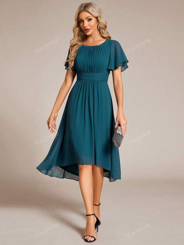 EVERPRETTY Women's Elegant Ruffle Sleeve Pleated Floral Print Chiffon Bridesmaid Dresses Formal Dress Wedding Guest Gown For Wedding
