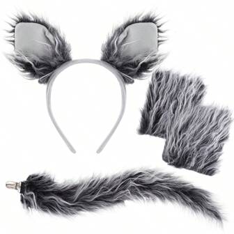 Wolf Costume Set Grey Wolf Ears Headband, Gloves And Tails For Halloween Dress-Up Accessory Kit