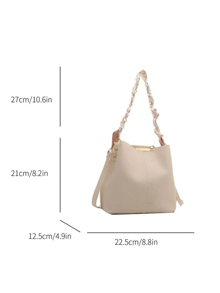 PU Leather Bucket Bag With Chain Accent, Crossbody For Women , New Year, Cream Bag - White - View 3