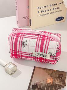 1 Peça Bolsa de Maquiagem Fofa de Grande Capacidade, Nécessaire Acolchoado para Cosméticos, Bolsa de Maquiagem de Viagem com Laço Xadrez, Dobrável, com Alça, Organizador de Maquiagem Estético, Bolsa de Armazenamento para Viagem, Nécessaire Portátil, Bolsa para Lápis, Essenciais de Viagem, Férias de Verão, Volta às Aulas, Bolsa Escolar, Bolsa de Viagem para Mulheres, Bolsa de Maquiagem para Viagem
