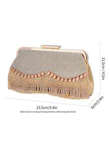 Luxury Golden Rhinestone Clutch Bag With Tassels, Sparkling Crystal Handbag For Evening Party, Wedding, Cocktail, High-End Fashion Lady Party Purse, Top-Handle, Crossbody, Small Square Clutch