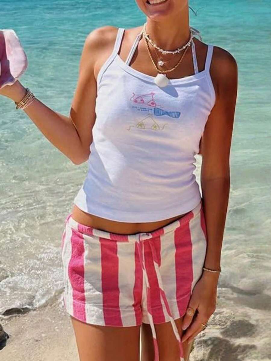 Women Y2K Floral Cami Tank Tops Cute Vintage Flower Graphic Spaghetti Strap Scoop Neck Slim Fit Camisole Crop Tops Summer Backless Sleeveless Vests Shirts Teens Girl Summer Ocean Coastal Beach Casual Going Out Tops Aesthetic Clothes Streetwear - 白色 - 查看 1