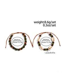 2pcs Bohemian Ocean Style Wood Bead Bracelet Set, Natural Shell Decor, Charming Jewelry For Men Beach Party Vacation