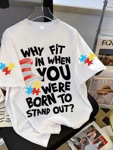 Boys' Personalized Minimalist Cartoon Puzzle Pattern Letter Slogan Print Crew Neck Short Sleeve T-Shirt, New Summer Boys Clothing - White - View 2