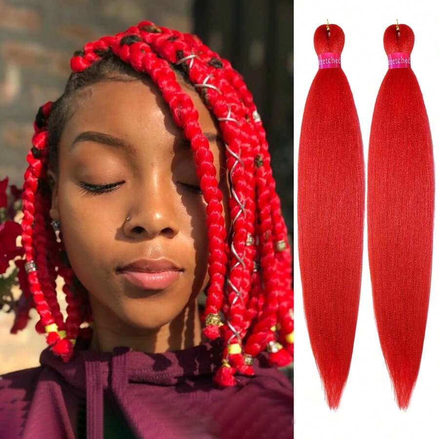 Neon Green Braiding Hair Pre Stretched 2 Packs Box Braids Hair Extensions 26 Inches Synthetic Pre Stretched Braiding Hair - Red - View 1