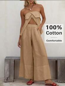 ملابس شاطئية، كاجوال عمل، بمظهر قطني كتان لملابس النساء الفاتحة طقم قطعتين 2025: توب أصفر وبنطال ساق واسع محكم للبطن، أفضل مبيعات الخريف والصيف، قابل للتنفس مريح، قابل للارتداء من المكتب إلى العطلات، أساسيات يومية للعطلات