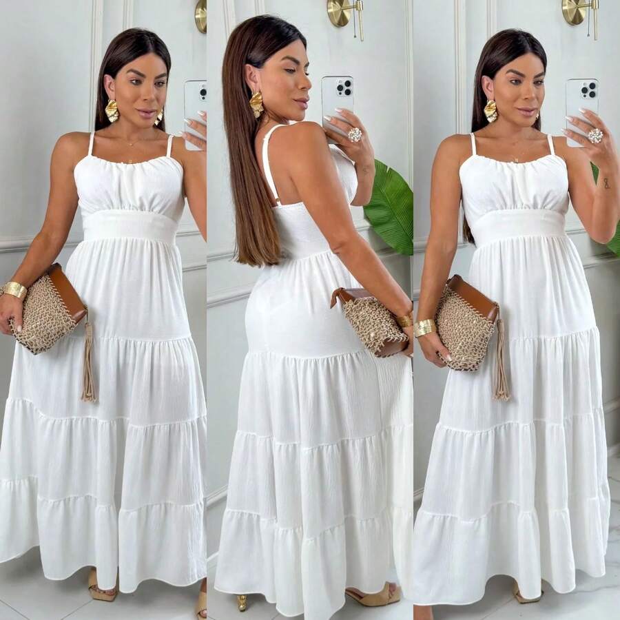 Long Dress With Adjustable Straps, Padded Cups And Lining And Elastic At The Back CREPE DUNNA FABRIC Simple Elegant Casual Party Button Ruched Pleated Bust - 白色 - 查看 1