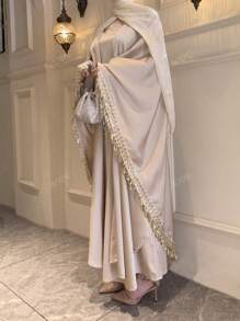 Conjunto de 2 piezas: Elegante cárdigan abierto con flecos tipo jalabeya y vestido recto de cuello redondo, traje de lujo para fiesta/graduación/boda