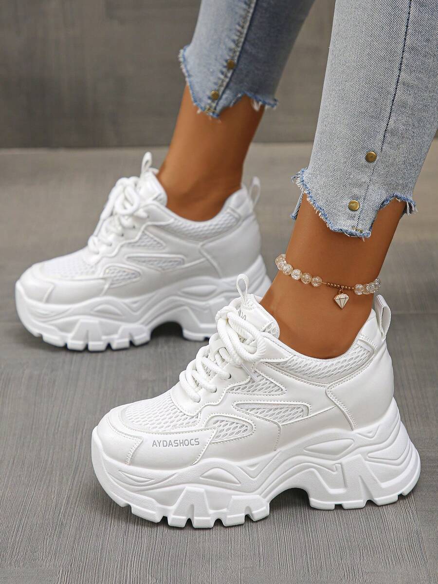 Women's Chunky Platform Sneakers, Casual Solid Color Fashionable Comfortable Breathable Chunky Sneakers, Fitness Gym - White - View 1