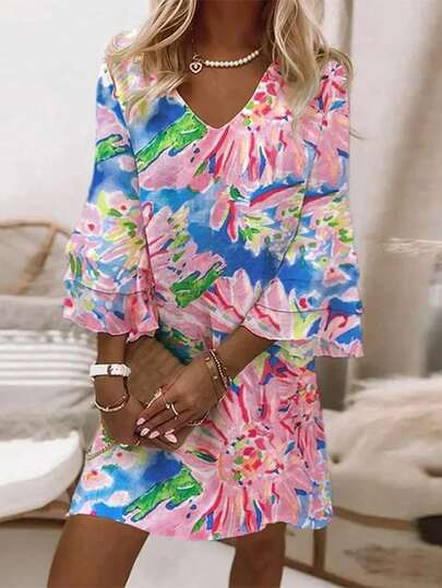 Plus Size Women Floral All-Over Print Vacation Style Casual Dress Pink Spring Elegant