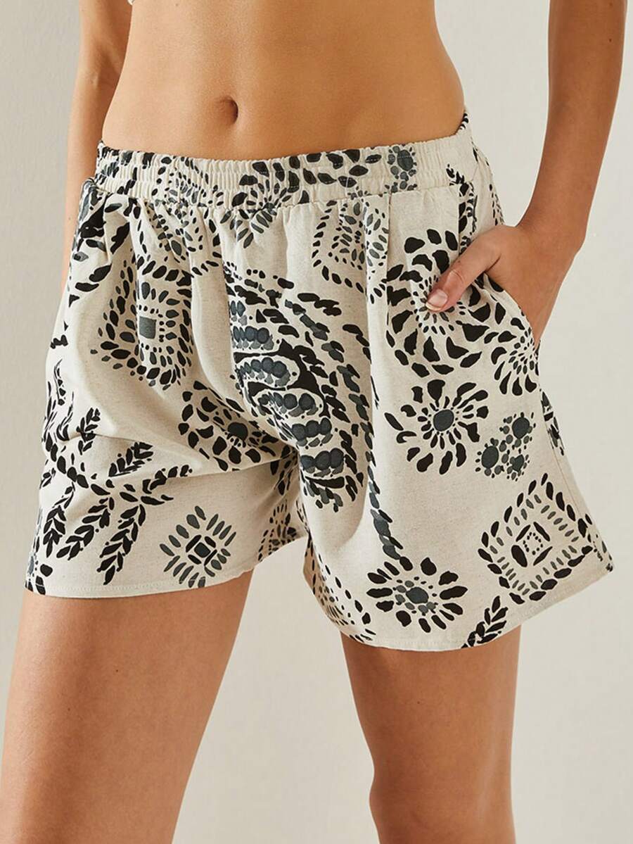 BIANCO LUCCI 女士亚麻短款低腰松紧腰带海滩热带印花宽松短裤 - 黑色 - 查看 1