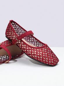 ADAMUMU Women's Fashion Square Toe Casual Party Office Buckle Breathable Woven Hollow Mesh Comfortable Slip-On Flat Shoes, Wine Red - Burgundy - View 2