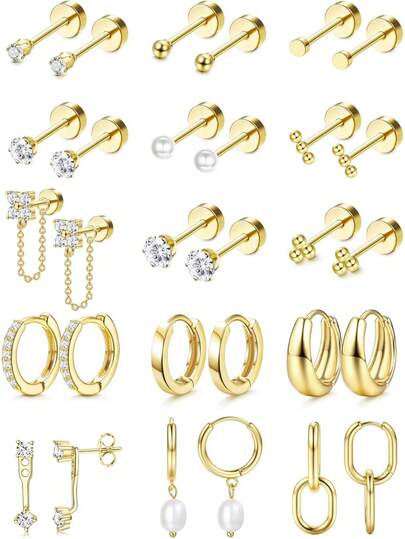 Milacolato Flat Back Earrings For Women Hypoallergenic Surgical Steel Earrings For Sensitive Ears-20G Cartilage Earring Stacks Gold Hoops Flatback Stud Earring Sets For Multiple Piercing