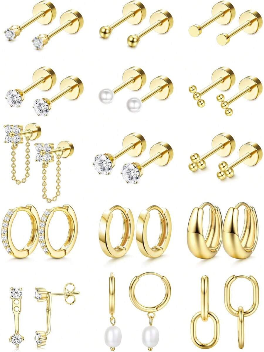 Milacolato Flat Back Earrings For Women Hypoallergenic Surgical Steel Earrings For Sensitive Ears-20G Cartilage Earring Stacks Gold Hoops Flatback Stud Earring Sets For Multiple Piercing - 彩色 - 查看 1