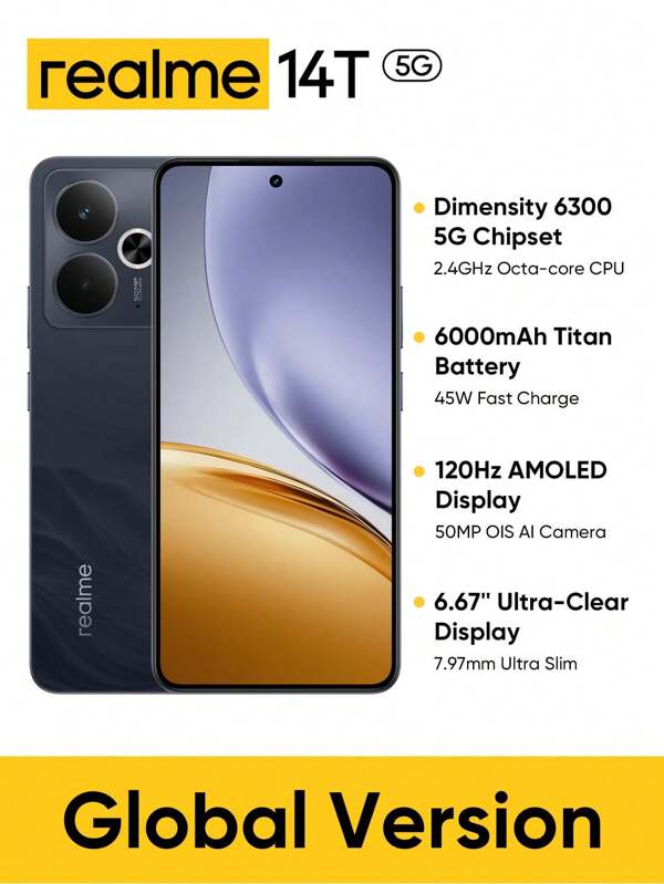 Realme 14 5G 8GB+256GB / 12GB+256GB 5G LTE, Global Version, Unlocked Cellphone, Andriod 15 Smartphone, 6.67''OLED 120Hz Display, 6000mAh Battery Celulares, 50M Camera Mobile Phone 7.97mm Thin, No Adaptor