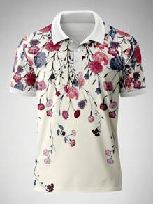 Camisa polo de manga corta con estampado floral casual para hombres de talla grande