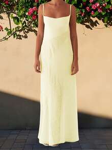 Women Long Dress Lace Patchwork Sleeveless Cami Dress Summer Tie-Up Backless Spaghetti Strap Dress - Màu vàng - Xem 4