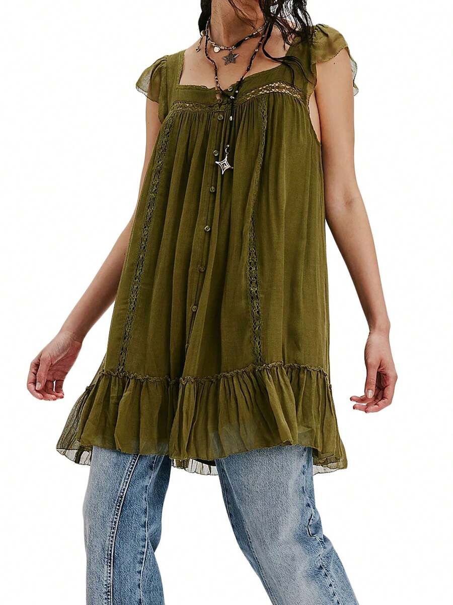 Women Lace Trim Mini Dress Ruffle Flowy Babydoll Dress Spaghetti Strap Loose Sundress Boho Going Out Dresses - 綠色 - 查看 1