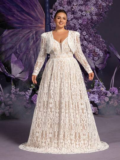 Elegant Lace Wedding Dress Two Pieces Set | Featuring Delicate Floral Pattern On Deep V-Neck, A-Line Silhouette, Suitable For Dreamy Garden Weddings, Bridal Galas, And Flowing Evening Events