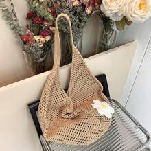 Hollow Out Weave Straw Bag Bohemian Beach Handbag Hollow Tote Bag Large Capacity Shopping Beach Bag Fashion Hollow Out Weave Straw Bag Beach Handbag Bohemian Style Beach Bag Slouchy Style Large Capacity Hollow Tote Bag Vacation