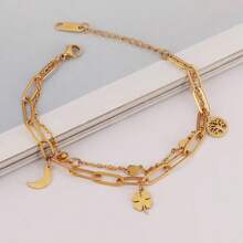 Exportation transfrontalière vers l'Europe et les États-Unis Bracelet minimaliste en acier inoxydable à double couche avec pendentif trefle à quatre feuilles, lune et arbre de vie. Cadeau de bijoux pour femmes pour la famille et les amis