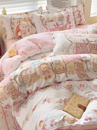 4 件蝴蝶结、心形、格子、花朵、泰迪熊印花双面柔软拉绒棉床上用品套装（1 件羽绒被套 + 1 件床单 + 2 件枕套），亲肤芦荟印花床上用品套装，适合儿童、幼儿、托儿所、宿舍