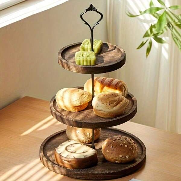 1 PC Rustic Wood Cake Stand,2 Tier And 3 Tier Cupcake Stands, Wooden Serving Tray,Candle Holder Plate,Kitchen Lsland Table Centerpiece, Farmhouse Charm Cupcake Display Tray With Decorative Iron Accents For Weddings, Birthdays, Tea Parties, Food Safe Serving Tray For Kitchen & Event Decor, Cake Decorating SuppliesHome Decor Platter For Living Room