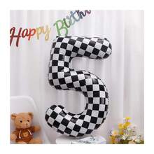 1 Peça Balão Número de Aniversário, Balão de Folha de Alumínio de Carro de Corrida Quadriculado de 40 Polegadas, Balão Grande de Número Preto e Branco Auto-Inflável de Hélio, Adequado para Itens de Decoração de Festa de Aniversário com Bandeira de Corrida