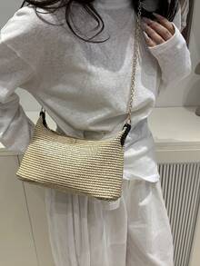 女士波西米亚海滩托特包，轻巧的草编手提包，配有金属链带，时尚休闲，适合度假，可肩背或腋下携带 - 黑色 - 查看 6