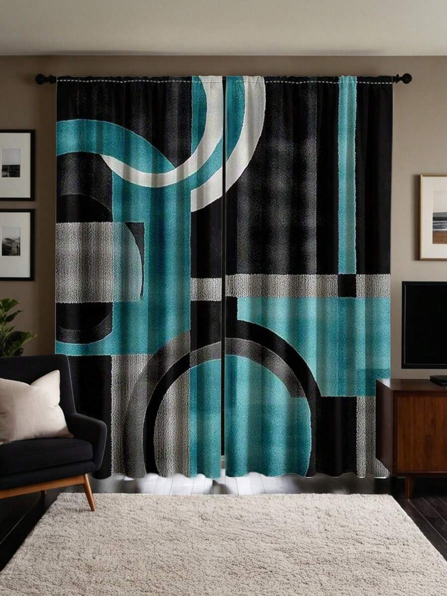 Modern Geometric Art Curtains - Thermal Blackout Rod Pocket Window Panels, Turquoise Gray Black Blue Abstract Design, 100% Polyester Peach Light Beige Fabric, Machine Washable, Suitable For Living Room Bedroom Kitchen Office Decor, Privacy Window, Bold Color Contrast, Durable Curtain Material - Multicolor - View 1