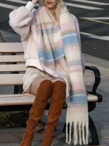 1pc Sweet & Fashionable Cute Maillard Print Premium Vibe Scarf, Warm & Soft Faux Cashmere, Suitable For Daily, Commute, Outdoor, Home, Travel, Gift, Accessory For Women - Macaron Powder Blue Stripes (extended and Thickened Version) - View 5