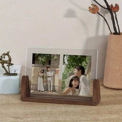 1pc Modern U-Shaped Photo Frame - Premium Acrylic And Solid Walnut/Beechwood Composite Material Display Stand With Non-Slip Base, Minimalist Tabletop Picture Frame, Fits 4"X6"/5"X7" Photos - Office Desk Organizer - Nordic Home Decor - Wedding Table Number - Photo Wall Decor - Creative Gift For Coworkers