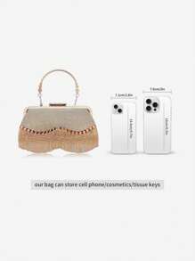 Luxury Golden Rhinestone Clutch Bag With Tassels, Sparkling Crystal Handbag For Evening Party, Wedding, Cocktail, High-End Fashion Lady Party Purse, Top-Handle, Crossbody, Small Square Clutch