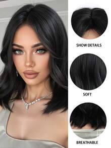 16 Inch Long Body Wave Black Synthetic Wig Middle Part Blonde Long Curly Wig For Women Daily Paty Cosplay Wigs, Vacation Travel Family Party Everyday Wear, Mother's Day Gifts, Halloween Christmas Gifts, Gifts For Girlfriends, Gifts For Girlfriends - 黑色 - 查看 8