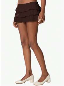Falda mini corta con volantes en el bajo de unicolor para mujer