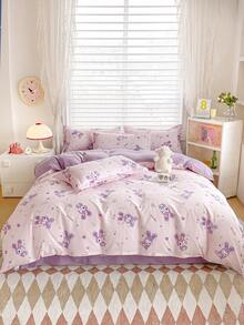 4PCS Purple Small Star Cute Rabbit Patchwork Print Pattern Solid Color Reverse Side Double-Sided Use New Minimalist Style Skin-Friendly Soft Brushed Student Dormitory Bunk Bed 4-Piece Set Nap/Preschool 4-Piece Set (1PC Duvet Cover + 1PC Bed Sheet + 2PCS Pillowcases) Skin-Friendly Aloe Vera Print Bed Sheet Duvet Cover Bedding 4-Piece Set, Anti-Slip 360-Degree Wrap, No Fluorescent Agent, Can Sleep Naked, Skin-Friendly, Absorbent, Moisture-Wicking, Soft Touch, Delicate, Durable, Fade-Resistant - Star Map - View 3