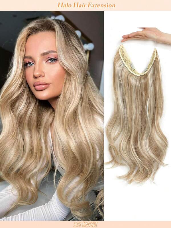 Onzichtbare draad haarverlengingen 18 inch golvende halo haarverlengingen met verstelbare 2 clips, zachte transparante kant, natuurlijke lange golvende haarverlengingen voor vrouwen - zandblond met witte highlights