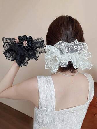 全新蕾丝网褶边发圈优雅甜美优质马尾发饰，花卉印花涤纶材质，发带，发饰，发圈