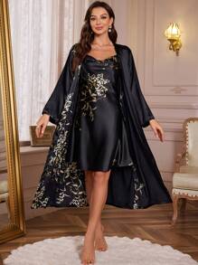 Gold Floral Print Satin Cami Sleep Dress & Belted Robe Pajama Set, Fall Winter Clothes