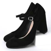 Women's White Wine Rose Gold Black Taupe Beige Grey Lipstick Natural Snake Mary Jane Pumps – Round Toe Ankle Strap Vintage Dress Heels [Size Up Half Size] - 黑色純素絨面革 - 查看 5