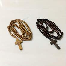 1pc Handmade Wooden Bead Rosary Necklace With Cross Pendant