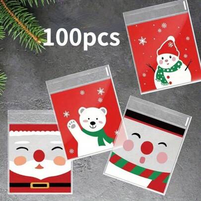 Environ 100 pièces de sacs à collation de Noël - Sacs à bonbons et biscuits avec motifs Père Noël, renne, bonhomme de neige et sapin, avec fermeture automatique, convenant pour cadeaux de Noël, décorations de bonbons de Noël, pyjamas de Noël, cadeaux de Noël, décorations de Noël