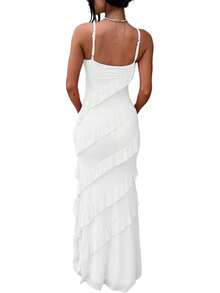 Women's Backless Bodycon Spaghetti Strap Elegant Ruffle Maxi Cocktail Party Dresses, 2025 QMO3 - 白色 - 查看 3